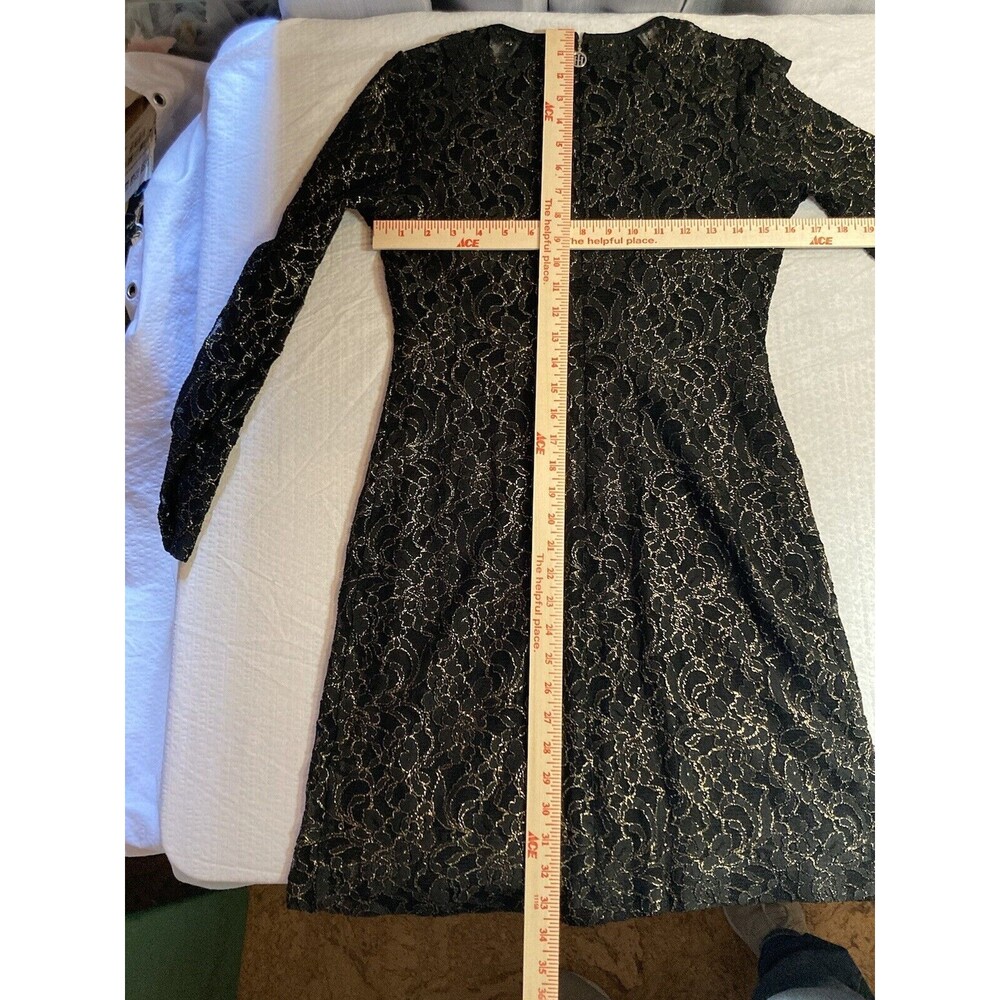 Tommy Hilfiger Womens Black Gold Metallic Lace A Line Long Sleeve Sz 2 Dress NWT - Picture 8 of 9